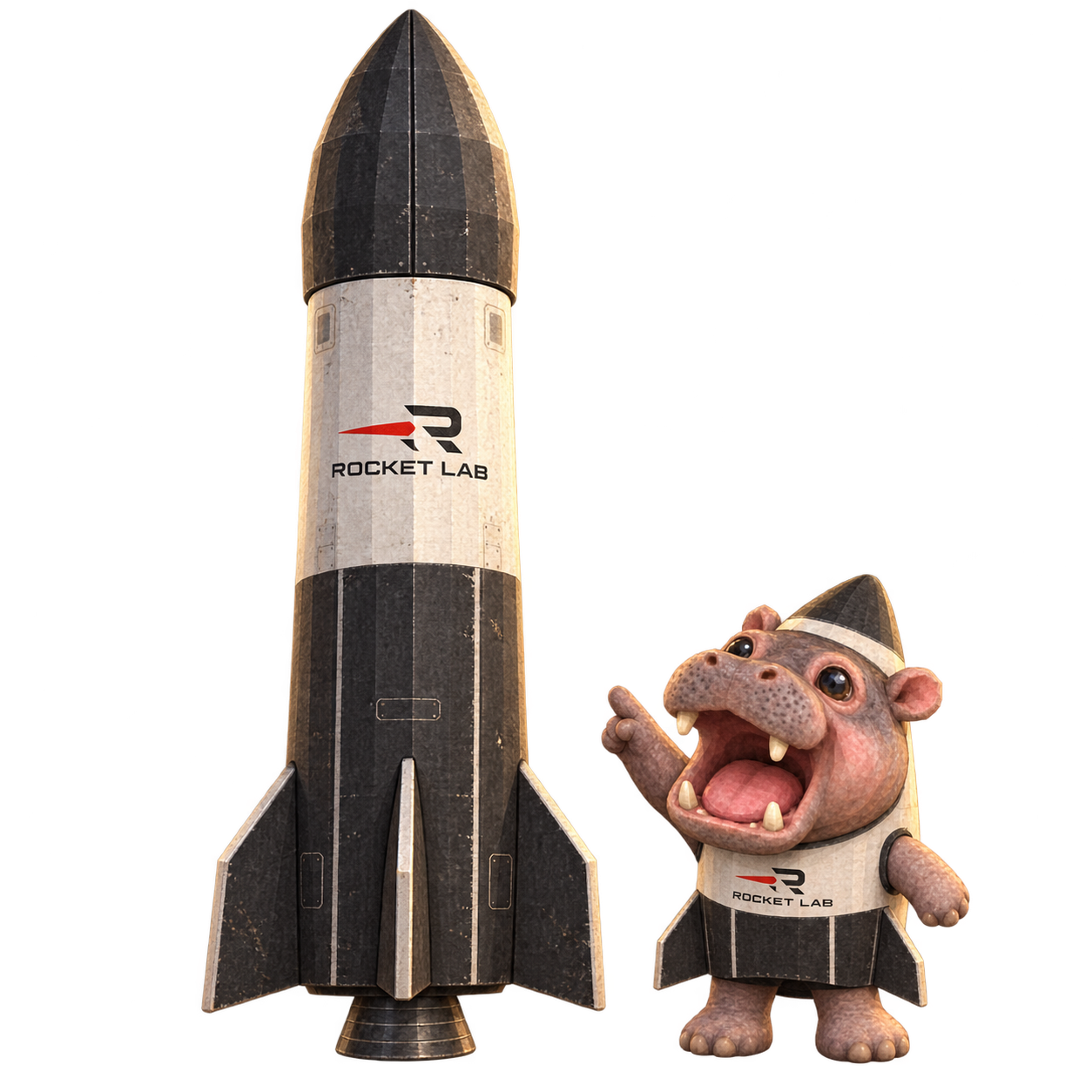 Hungry Hippo beside a Rocket Lab rocket